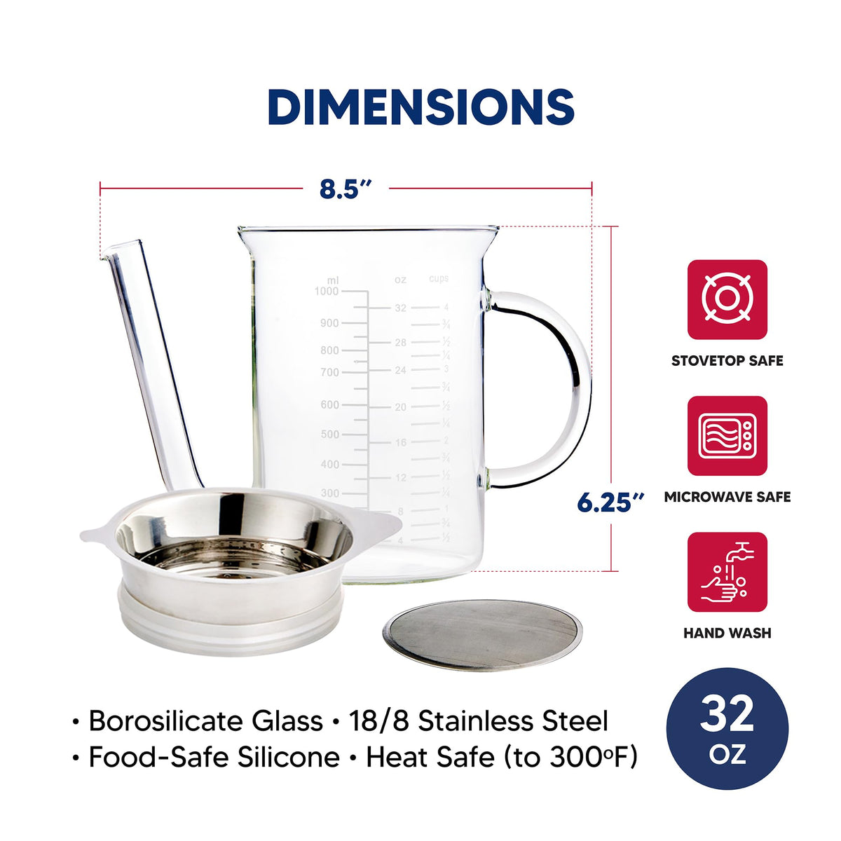HIC Kitchen Fat Separator Pitcher, Borosilicate Glass, 32 Ounces, Clear