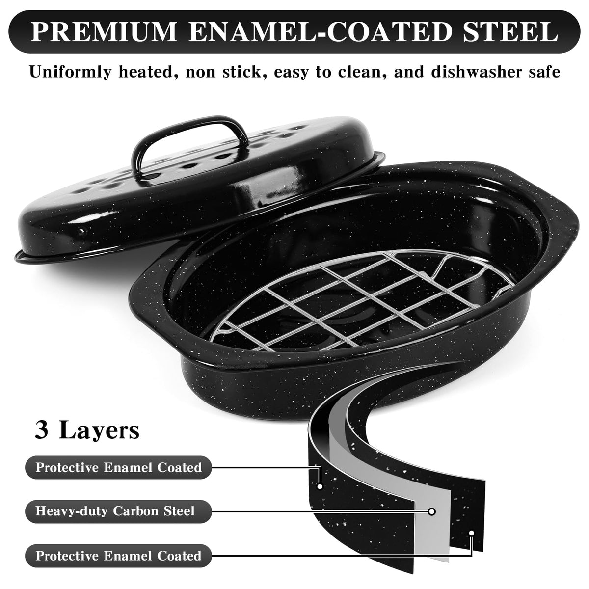 Vankutl Roasting Pan with Rack and Lid, 13 Inch Carbon Steel, Black