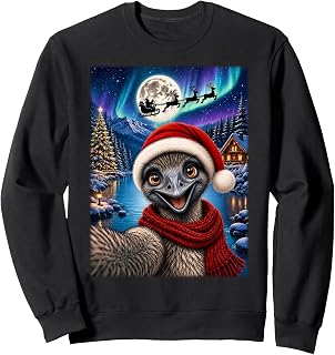 Emu Bird Christmas Selfie Full Moon Night Santa Sleigh Xmas Sweatshirt