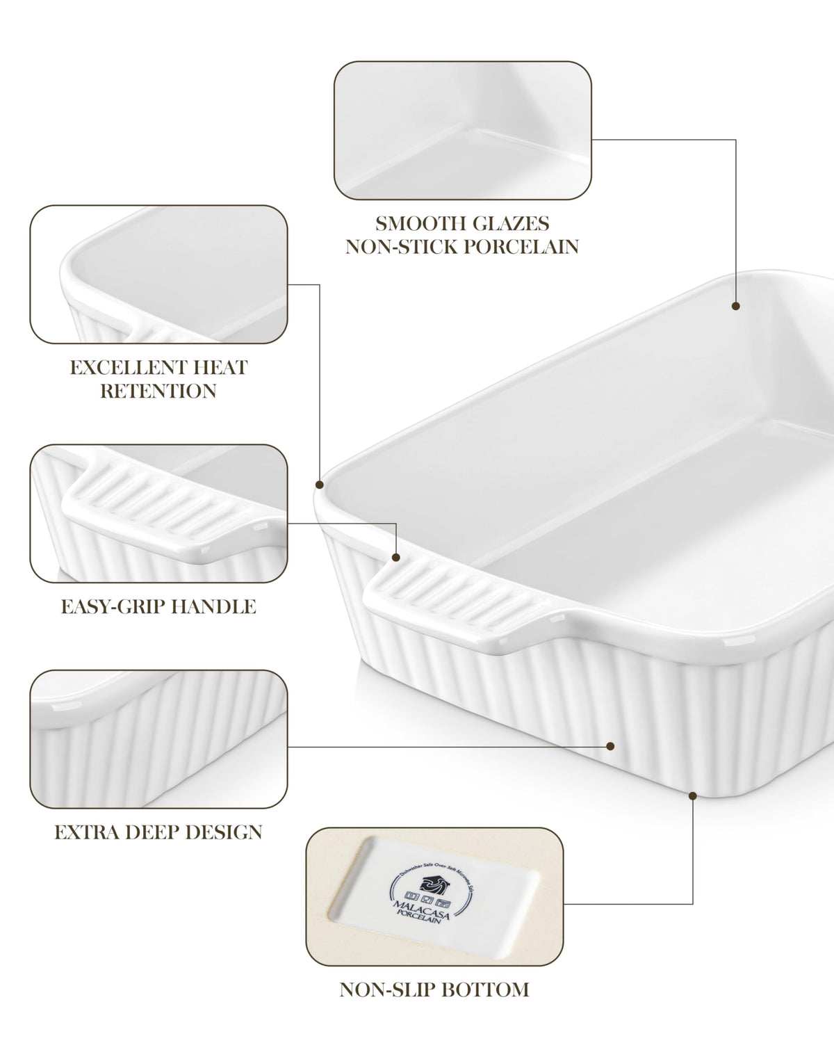Malacasa Ceramic Casserole Dish, 4.4 Quart Rectangular Baker, White