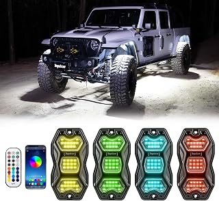 4 Pods RGB Rock Lights for Trucks with APP & Remote Control | Waterproof Underglow Light Kits for SUV UTV ATV, Music Voice Sync, 20+ Dynamic Modes, Includes 2x6.7ft Extension Wires