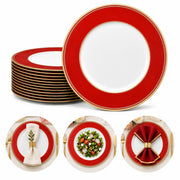 Osgevei Beaded Charger Plates, 13 Inch Round Plastic Set of 12, Red with Gold Rim