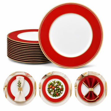 Osgevei Beaded Charger Plates, 13 Inch Round Plastic Set of 12, Red with Gold Rim