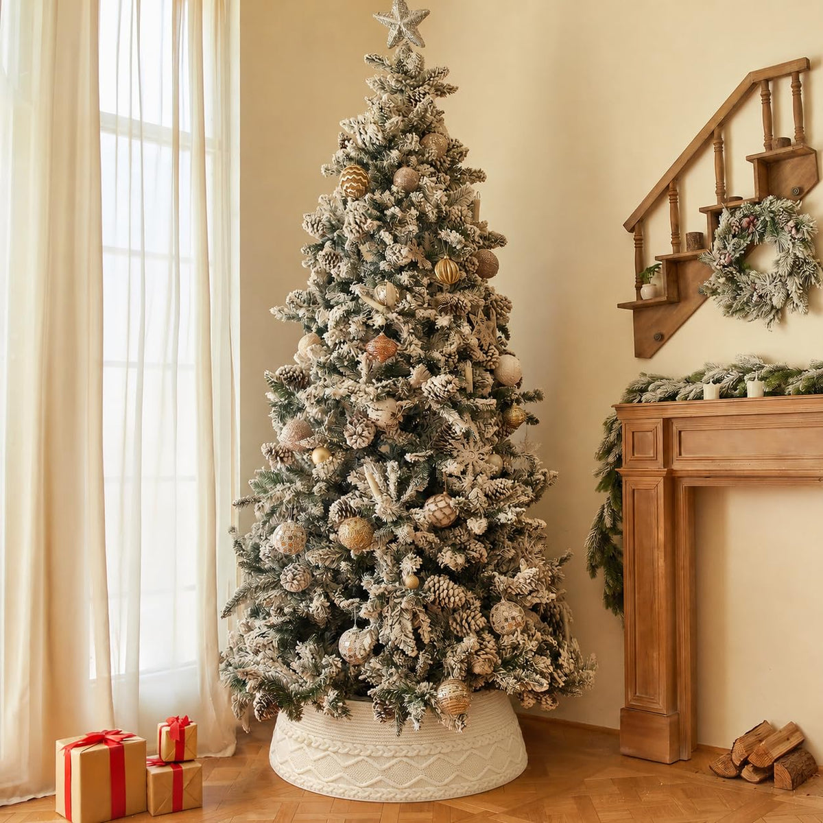 Noiclub Knit Christmas Tree Collar, Cream Cable, 23-30 Inch Diameter