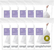 simplehuman Code R 200 Count Custom Fit Liners, Drawstring Kitchen Trash Bags, One-by-One Mess-Free Dispense, Extra Thick & Double Seamed, 50% PCR Plastic, 9-10 Liter / 2.6 Gallon, White