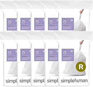 simplehuman Code R 200 Count Custom Fit Liners, Drawstring Kitchen Trash Bags, One-by-One Mess-Free Dispense, Extra Thick & Double Seamed, 50% PCR Plastic, 9-10 Liter / 2.6 Gallon, White
