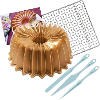 Bundt Cake Pan - Finishing Tool & Cooling Rack Set by Nordic Ware – Large, 10.0 cups, Aluminum, Gold, Model NW8577K2