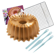 Bundt Cake Pan - Finishing Tool & Cooling Rack Set by Nordic Ware – Large, 10.0 cups, Aluminum, Gold, Model NW8577K2
