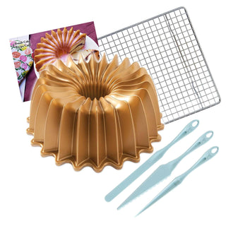 Bundt Cake Pan - Finishing Tool & Cooling Rack Set by Nordic Ware – Large, 10.0 cups, Aluminum, Gold, Model NW8577K2