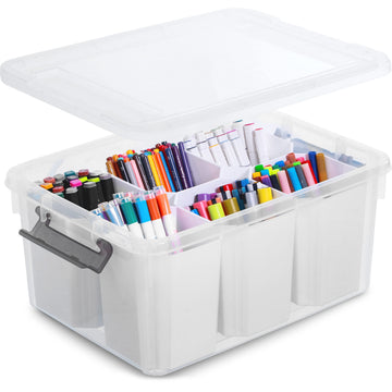 Citylife Craft Organizer Bin with Lid, 17 Quart with 6 Dividers, Clear White
