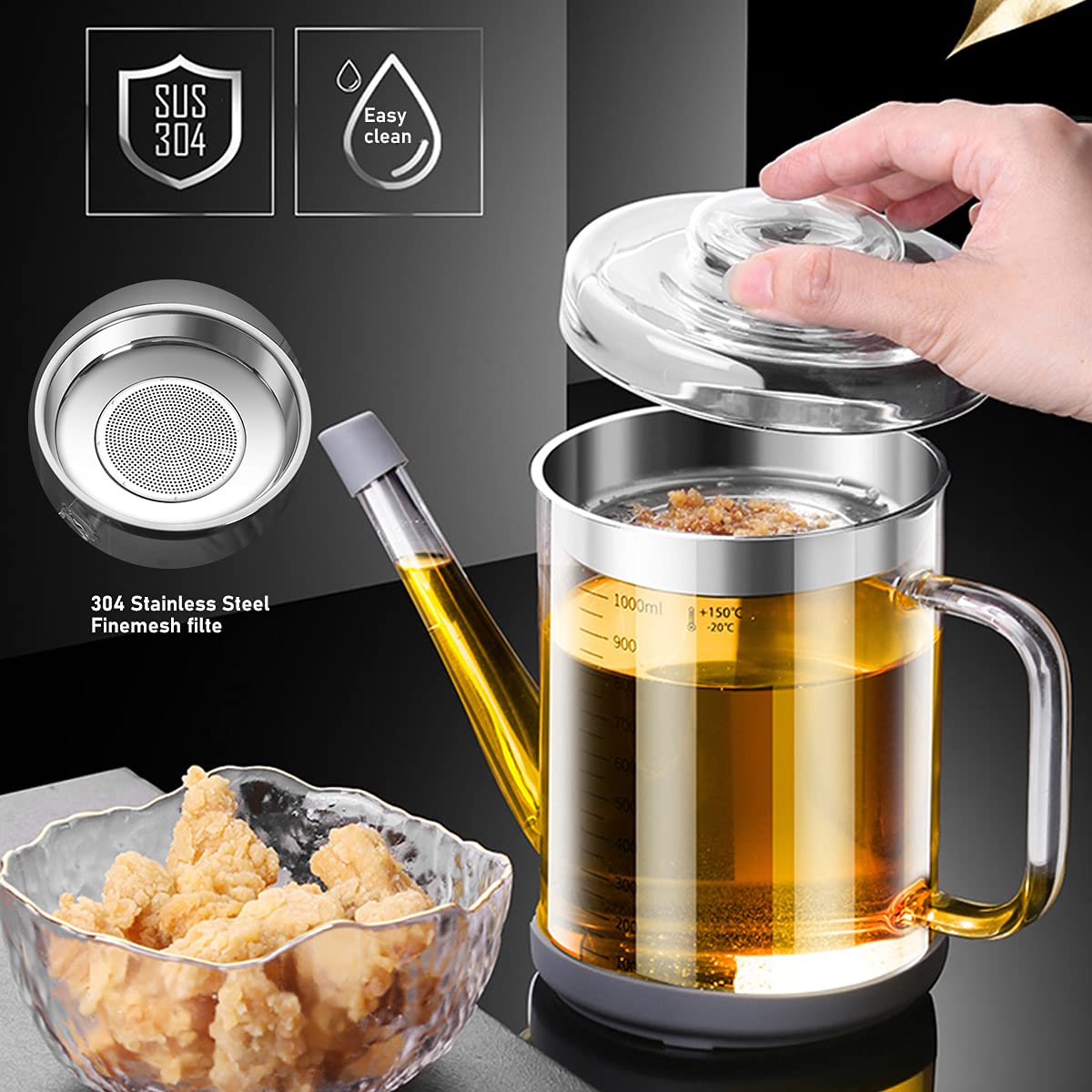 Home Servz Fat Separator, 1000ml Borosilicate Glass with Stainless Steel Strainer, Transparent