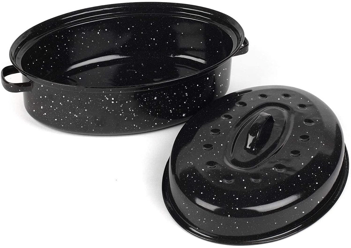 Vankutl Roasting Pan with Lid, 16 Inch Oval Enamel Carbon Steel, Black