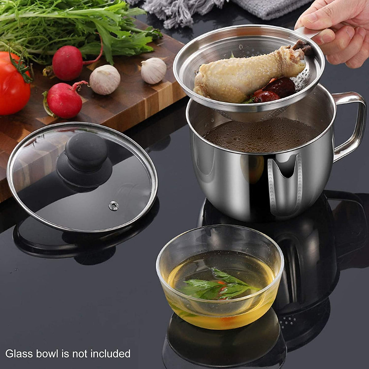 Elolicu Gravy Separator with Lid and Strainer, 1000ml Stainless Steel, Silver