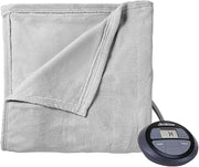 Sunbeam Microplush Soft Queen Electric Heated Blanket with Two Digital Controllers, 10 Heat Settings 10 Hours Auto-Off, Silver Grey