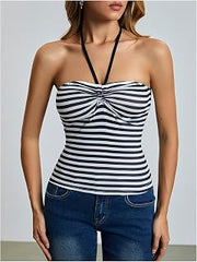 Women's Striped Ruched Halter Top Open Back Sleeveless Camisole Tops