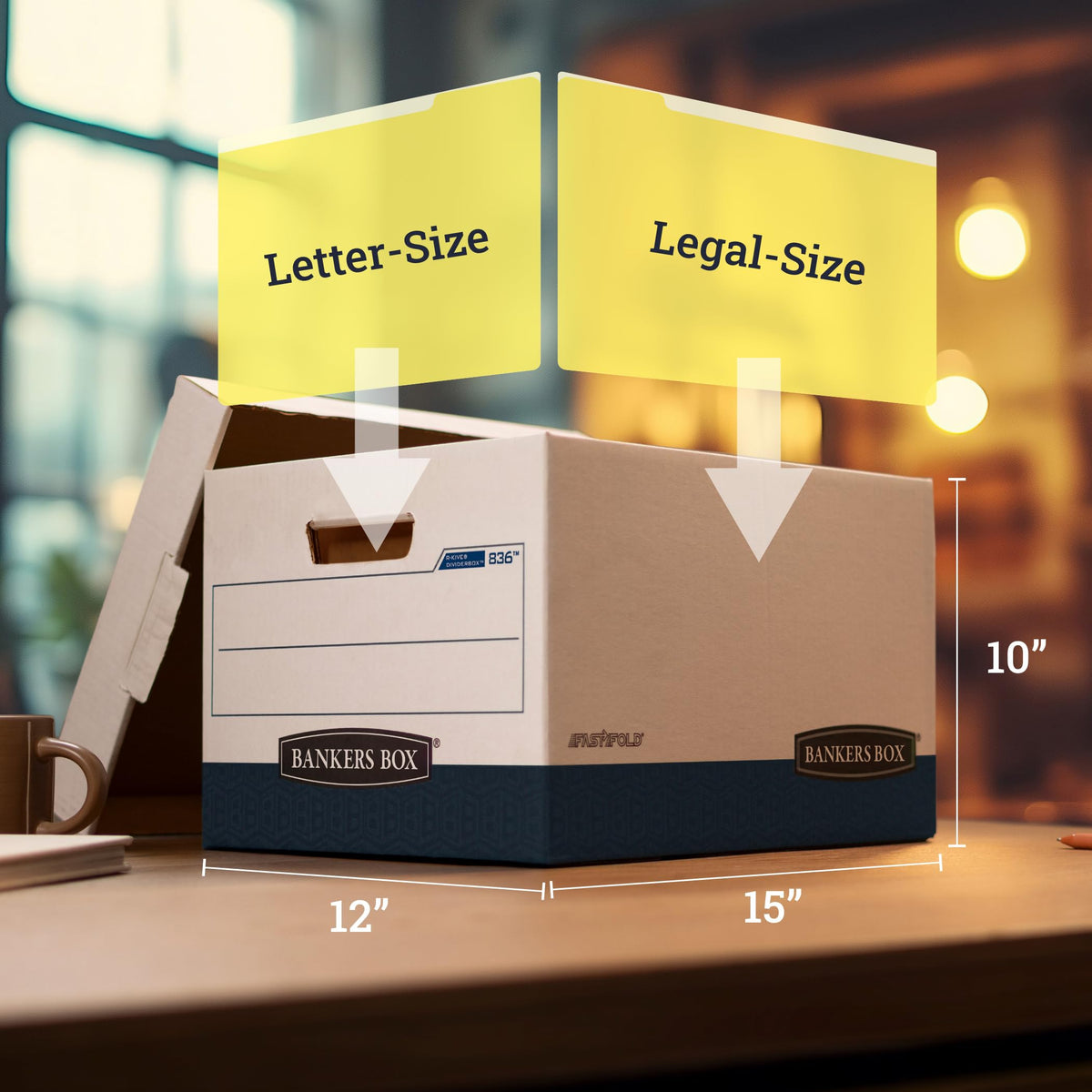 12 Pack R-Kive DIVIDERBOX Heavy-Duty File Storage Boxes with Dividers by Bankers Box – Letter, 5.0 liters, Paper, White/Blue, Model 0083601
