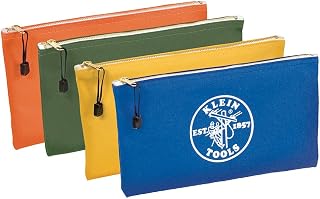 KLEIN TOOLS 5140 Canvas Zipper Bag, Tool Pouch, Bank Deposit Utility Bag, 12.5 x 7-Inch, Olive/Orange/Blue/Yellow 4-Pack