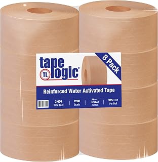Tape Logic (8 Rolls) 72mm x 375 Feet, Reinforced Gummed Kraft Paper Packing Tape, Water Activated, Tamper Evident, for Shipping and Packaging