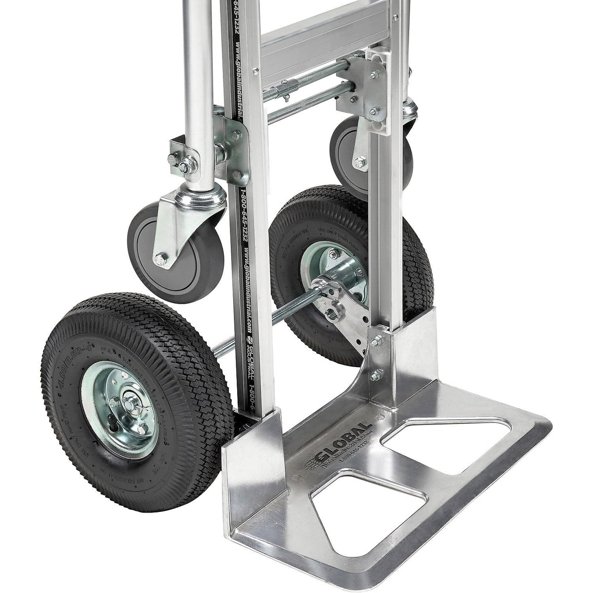 Aluminum 2-in-1 Convertible Hand Truck with Pneumatic Wheels - Junior by Global Industrial – 24"L x 60"W x 7"H, Aluminum, Gray, Model 241664