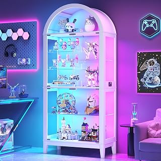 HNEBC Curio Cabinet with Glass Doors & RGB Lights with APP Control, White | Arched Display Cabinet, Human Sensor Lights, 8-Tiers Shelves, 5 Dynamic & 7 Static Lighting Modes, 4mm Tempered Glass Doors