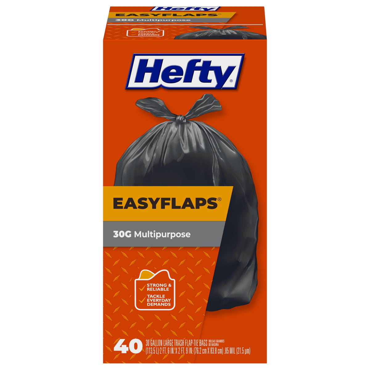 Easyflaps Multipurpose 30 Gallon Large Trash Bags by Hefty – 40 Count (Pack of 1), 30.0 gallons, Plastic, black, Model PCTE27744