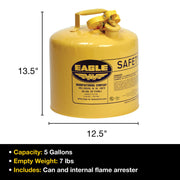 5 Gallon Type I Yellow Safety Gas Can for Diesel by Eagle – 5 Gallon, 5.0 gallons, Metal, Yellow, Model UI50SY