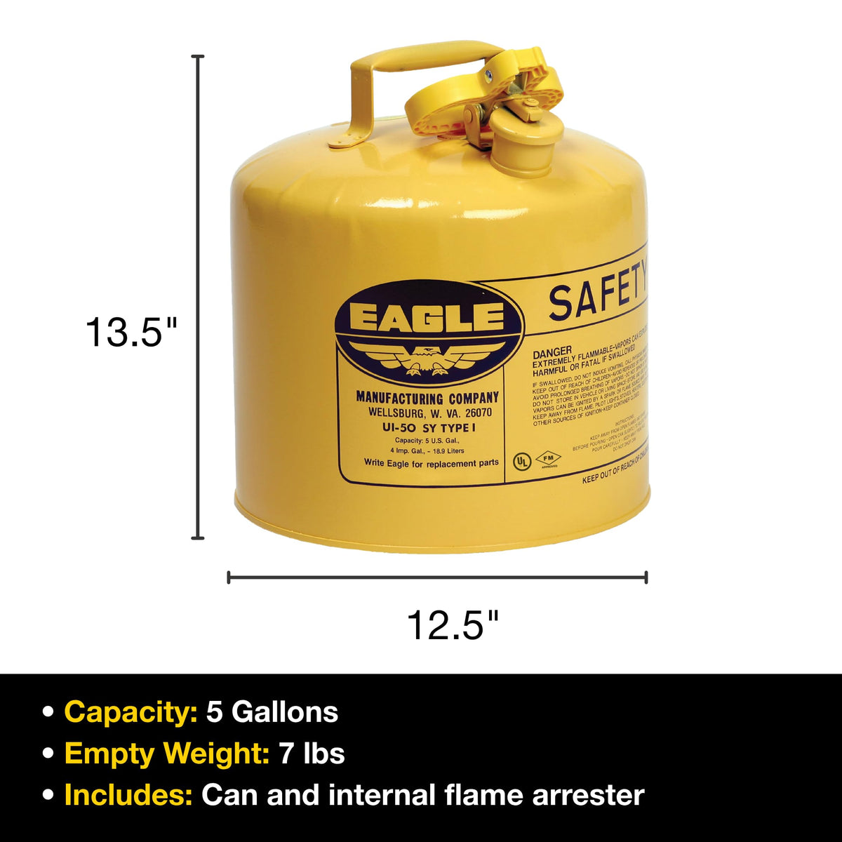 5 Gallon Type I Yellow Safety Gas Can for Diesel by Eagle – 5 Gallon, 5.0 gallons, Metal, Yellow, Model UI50SY