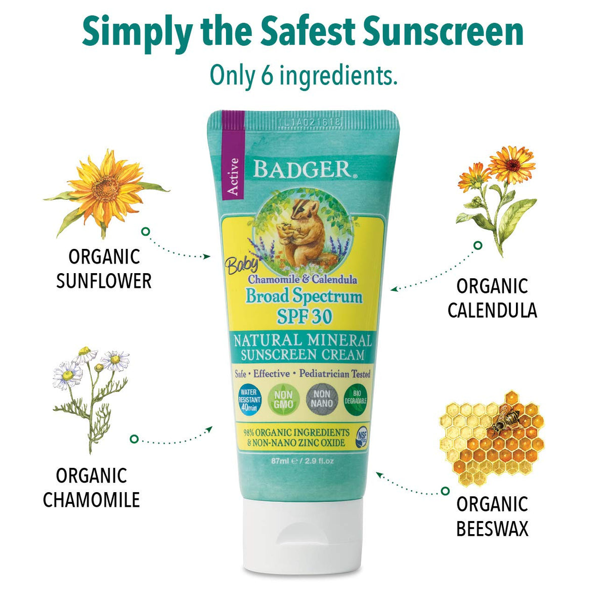Balm Zinc Oxide Sunscreen Cream - SPF 30 - Chamomile & Calendula - 2.9 oz by Badger – 2.9 Fl Oz (Pack of 1), Multi, Model XA-063