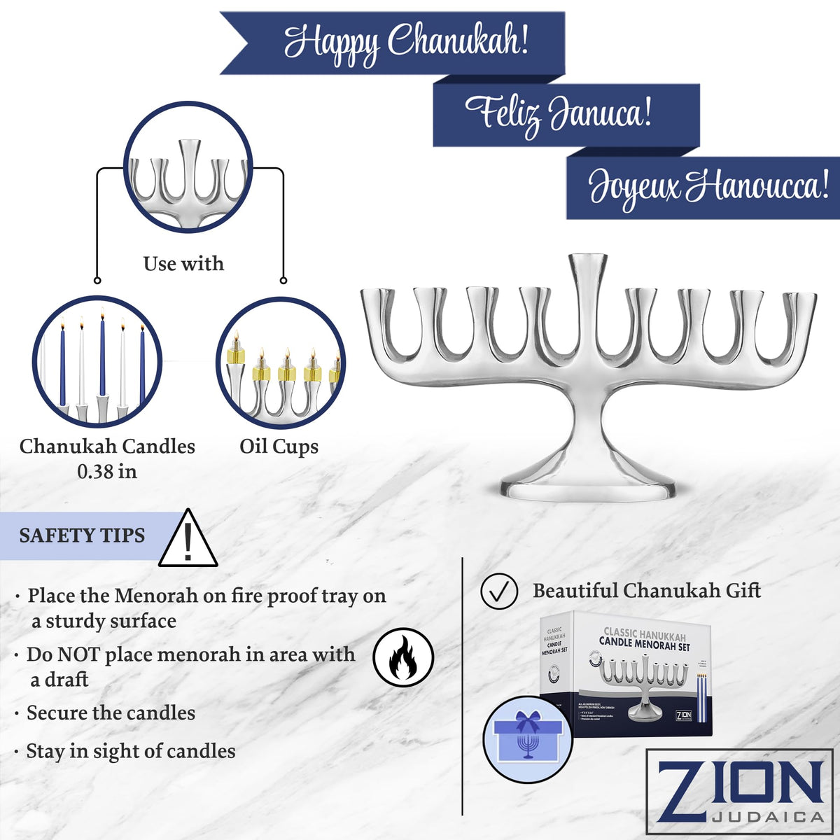 Zion Judaica Menorah with Candles, Polished Aluminum, Silver