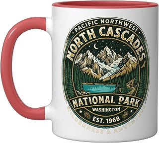 North Cascades National Park Washington Retro Badge Design Ceramic Mug, Red/White, 11oz