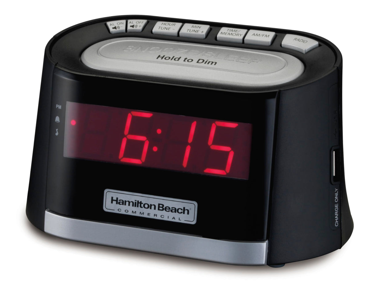 Hospitality Clock Radio Alarm Clock with USB Phone Charging Port by Hamilton Beach Commercial – Small, Plastic, Black, Model HCR410
