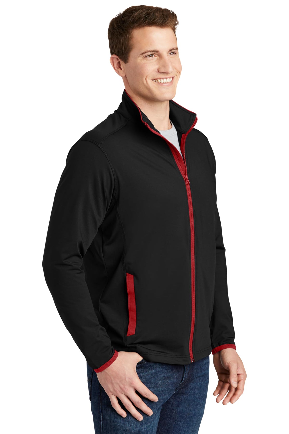 Unisex Sport-Wick Stretch Contrast Full Zip Jacket by SPORT-TEK – X-Small, Black/ True Red, Model ST853