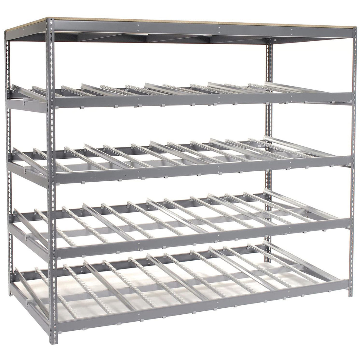 4 Level Single Depth Gravity Flow Carton Rack by Global Industrial – 48"L x 96"W x 84"H, Alloy Steel, Grey, Model 184058