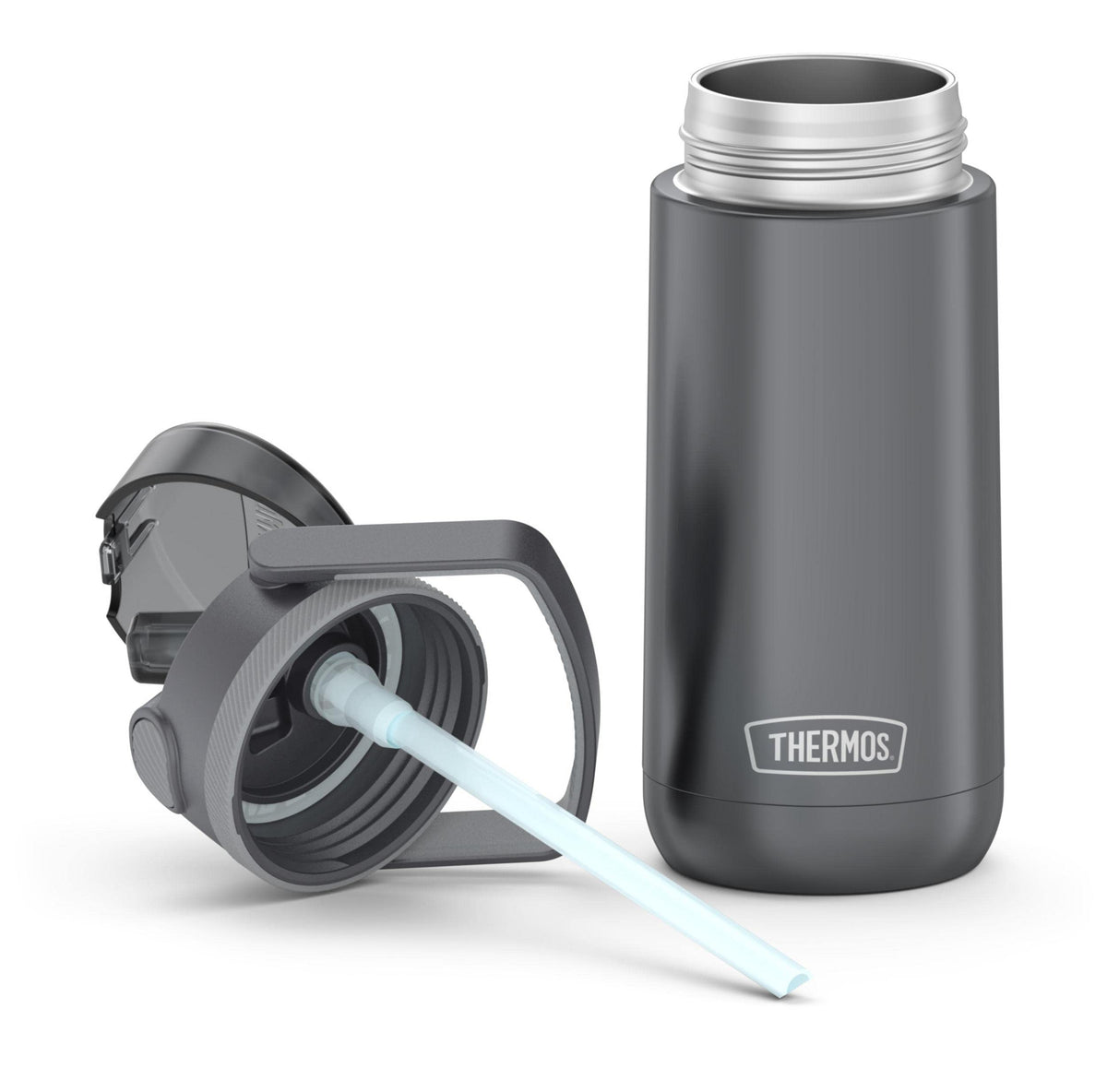 FUNTAINER 14 Ounce Stainless Steel Vacuum Insulated Kids Straw Bottle with Flip-up Straw by THERMOS – 12 Ounces, Stainless Steel, Gray, Model TS4350GY6