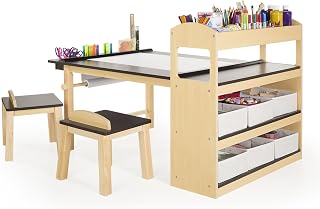 Guidecraft Deluxe Art Center: Kids' Montessori Art Table and Chairs Set with Storage Shelves, 6 Fabric Bins, Paper Roll | Wooden Kids' Activity Desk for Preschool, Homeschool, Playroom Furniture