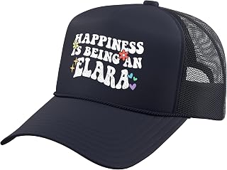 Retro Groovy Happiness is an Elara Trucker Hat with Adjustable Mesh Back