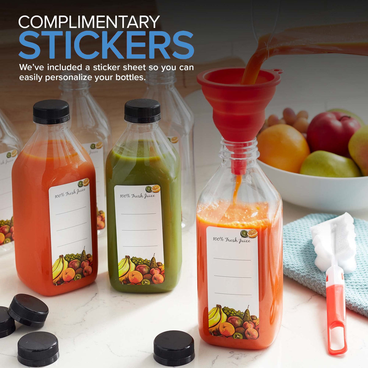 32 Oz Juice Bottles with Caps (6 Pack) - Reusable Clear Plastic Drink Containers for Mini Fridge - Water Bottles Bulk - Includes Labels by Stock Your Home – 32 oz - 6 Count