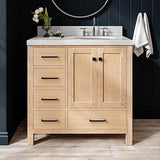 ARIEL Cambridge 36-inch Bathroom Vanity with Sink,Solid Wood, 1.5-inch Carrara White Quartz Countertop & Backsplash, Single Oval Porcelain Sink, 2 Soft Closing Doors, 5 Dovetail Drawers, White Oak