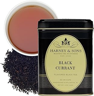 Harney & Sons Black Currant Loose Leaf Black Tea Tin, 4 oz | Chinese black tea with black currant flavor. Enjoy hot or iced. Contains caffeine.