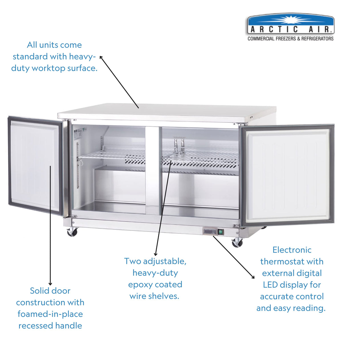 60-Inch Two-Door Undercounter Worktop Refrigerator by Arctic Air – 60-Inch, 15.5 cubic_feet, Silver, Model AUC60R