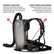 Electric Backpack Vacuum 6 qt Lightweight Commercial High-Performance Cleaning Solution by Tomahawk Power – 6 qt, 6 quarts, Gray, Model TVAC6PLUS