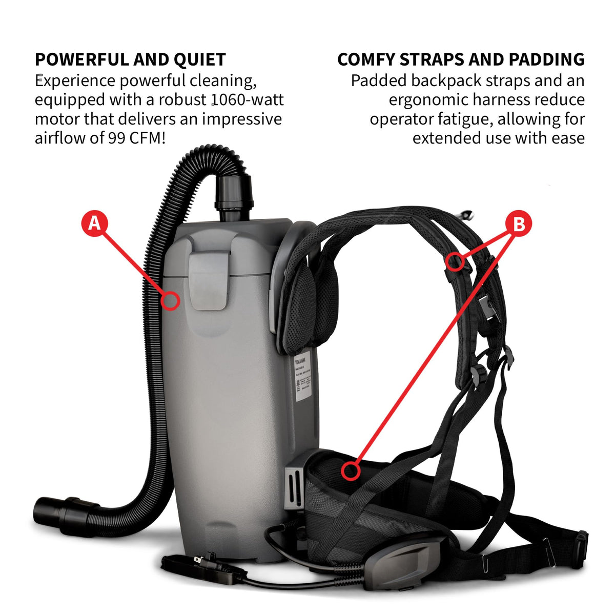 Electric Backpack Vacuum 6 qt Lightweight Commercial High-Performance Cleaning Solution by Tomahawk Power – 6 qt, 6 quarts, Gray, Model TVAC6PLUS