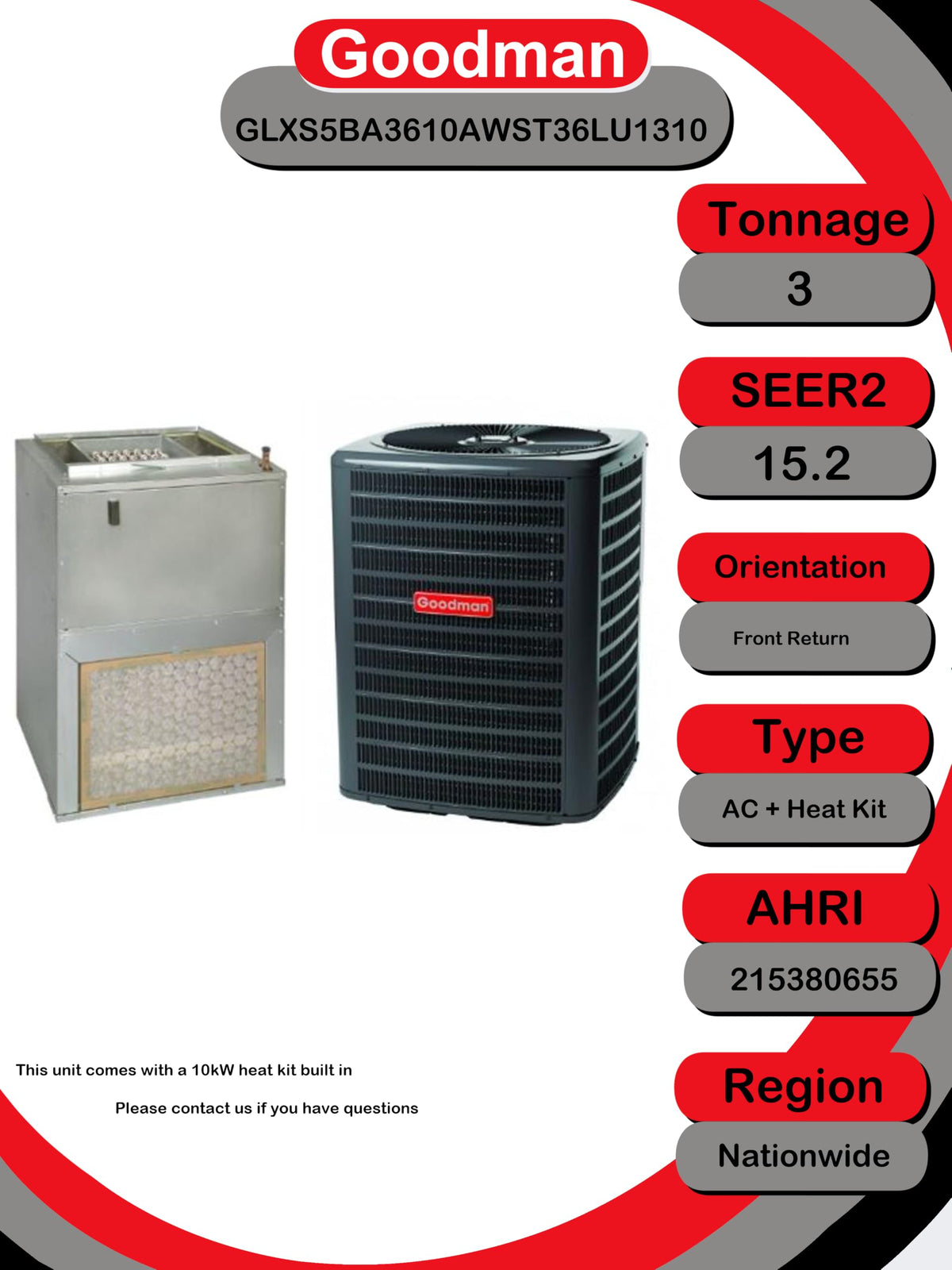 3 Ton 15.2 SEER2 R-32 Central Air Conditioning System with Wall-Mount Air Handler & 10 kW Electric Heat (GLXS5BA by Goodman – 3 tons, Gray, Pack of 2