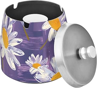 Daisies Purple Background Splash Ashtray with Lid, Outdoor Ashtrays for Patio