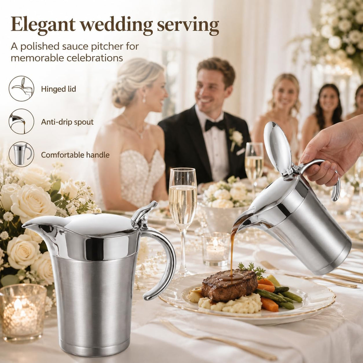 Nimbloom Insulated Gravy Boat, 27 oz Double Wall Stainless Steel, Silver 2 Pack
