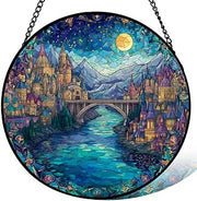 Stained Acrylic Puzzle Suncatcher,7.48in Elara‑Moonlit‑Castle Bridge‑River‑Night‑Scene‑Art