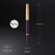51 Fountain Pen | Deluxe Plum Barrel with Gold Trim | Fine 18k Gold Nib with Black Ink Cartridge | Gift Box by Parker – 1 Count (Pack of 1), Resin, Plum, Model 2123516