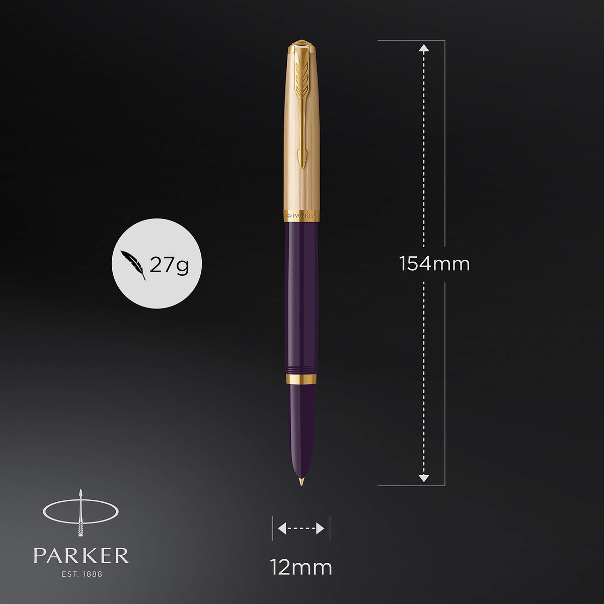 51 Fountain Pen | Deluxe Plum Barrel with Gold Trim | Fine 18k Gold Nib with Black Ink Cartridge | Gift Box by Parker – 1 Count (Pack of 1), Resin, Plum, Model 2123516