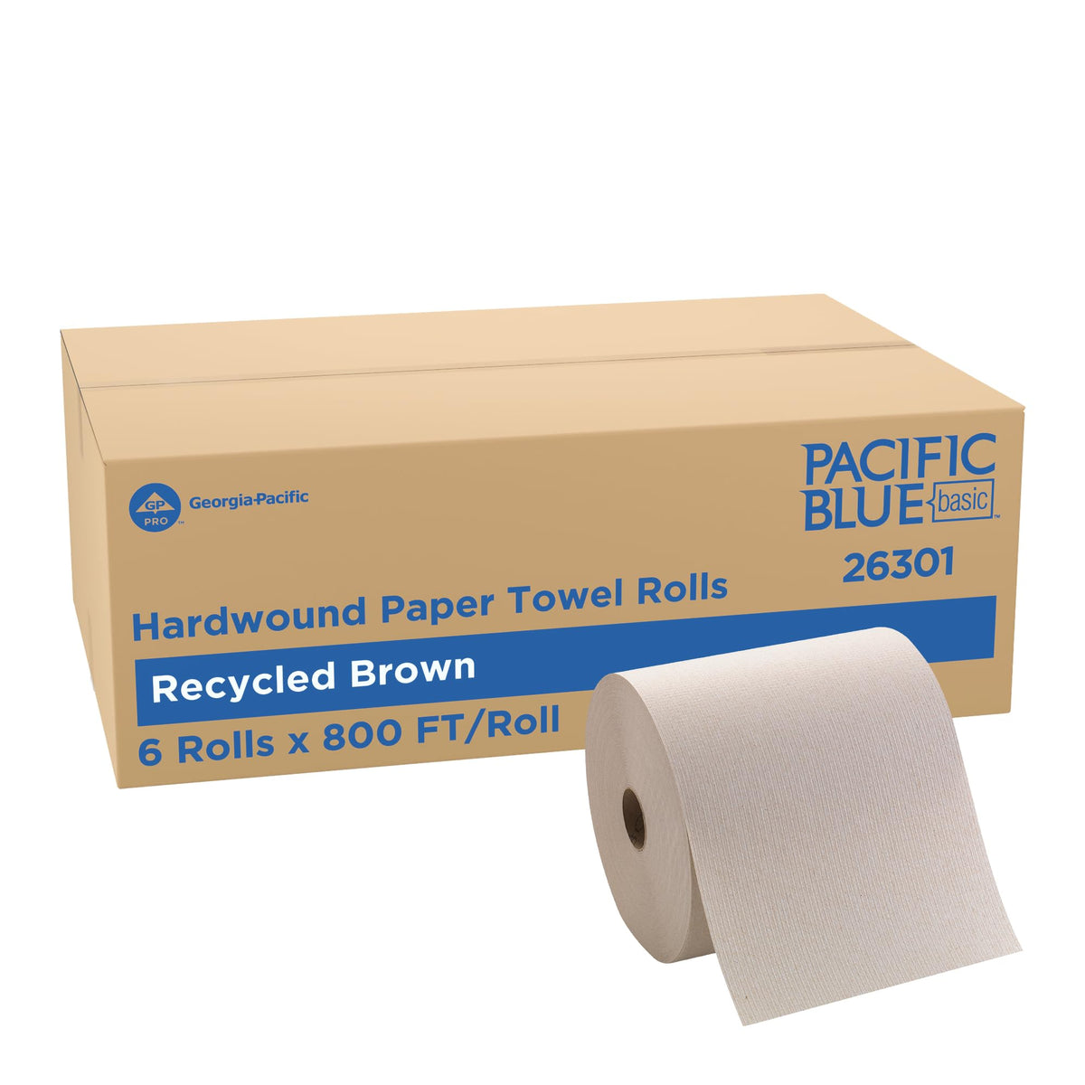Pacific Blue Basic by Georgia-Pacific PRO Recycled Hardwound Paper Towel Rolls – Brown, 800 Feet Per Roll, 6 Rolls Per Case, 26301