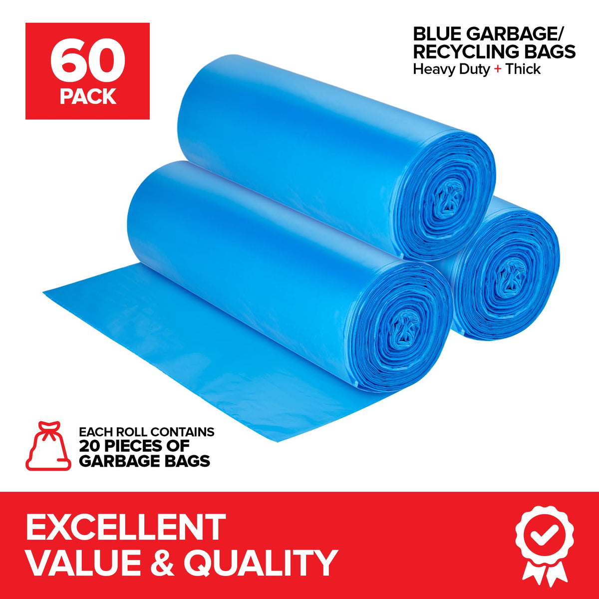 Heavy-Duty Blue Recycling Bags by Stock Your Home – 1 Count (Pack of 60), 4224.0 ounces, Plastic, Blue, Pack of 60